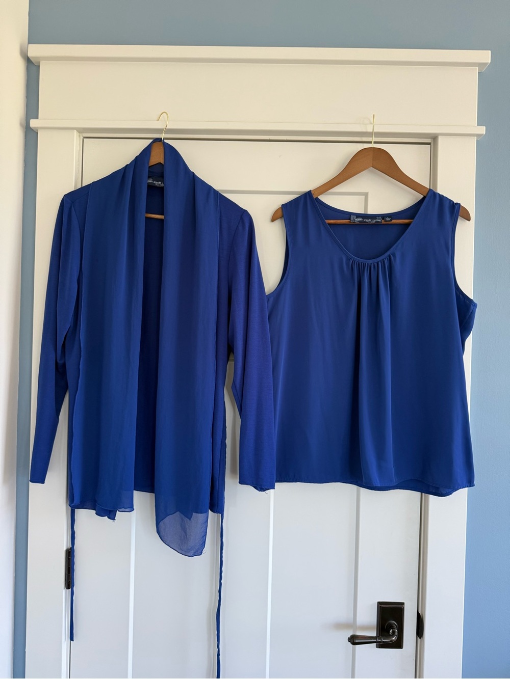 Susan Graver Royal Blue 2-Piece Set: Open Front Cardigan & Pleated Tank  Large